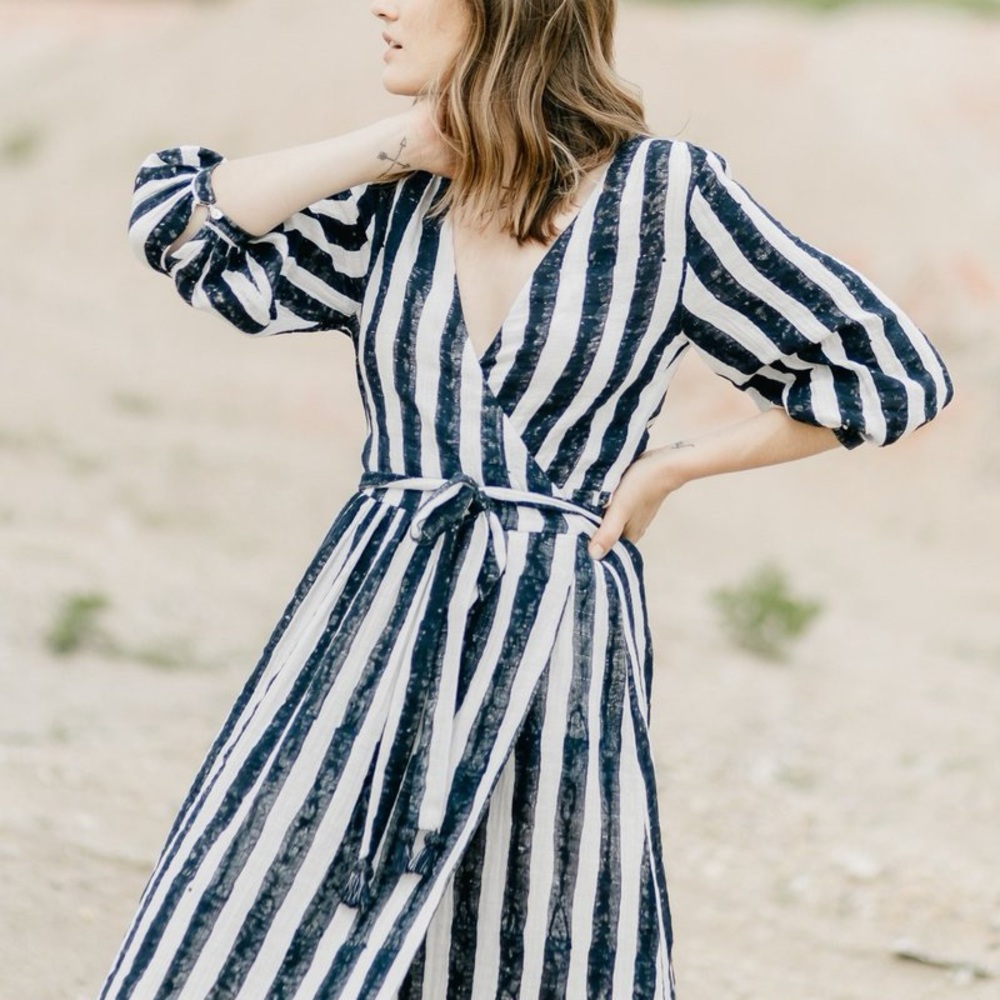 Striped V-Neck Wrap Dress